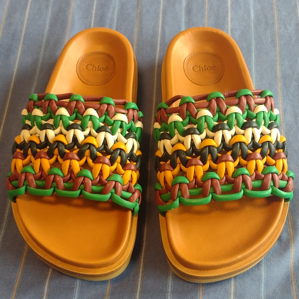 Chloe Wavy Flatform Crochet Leather Slides multi color brown women size 7